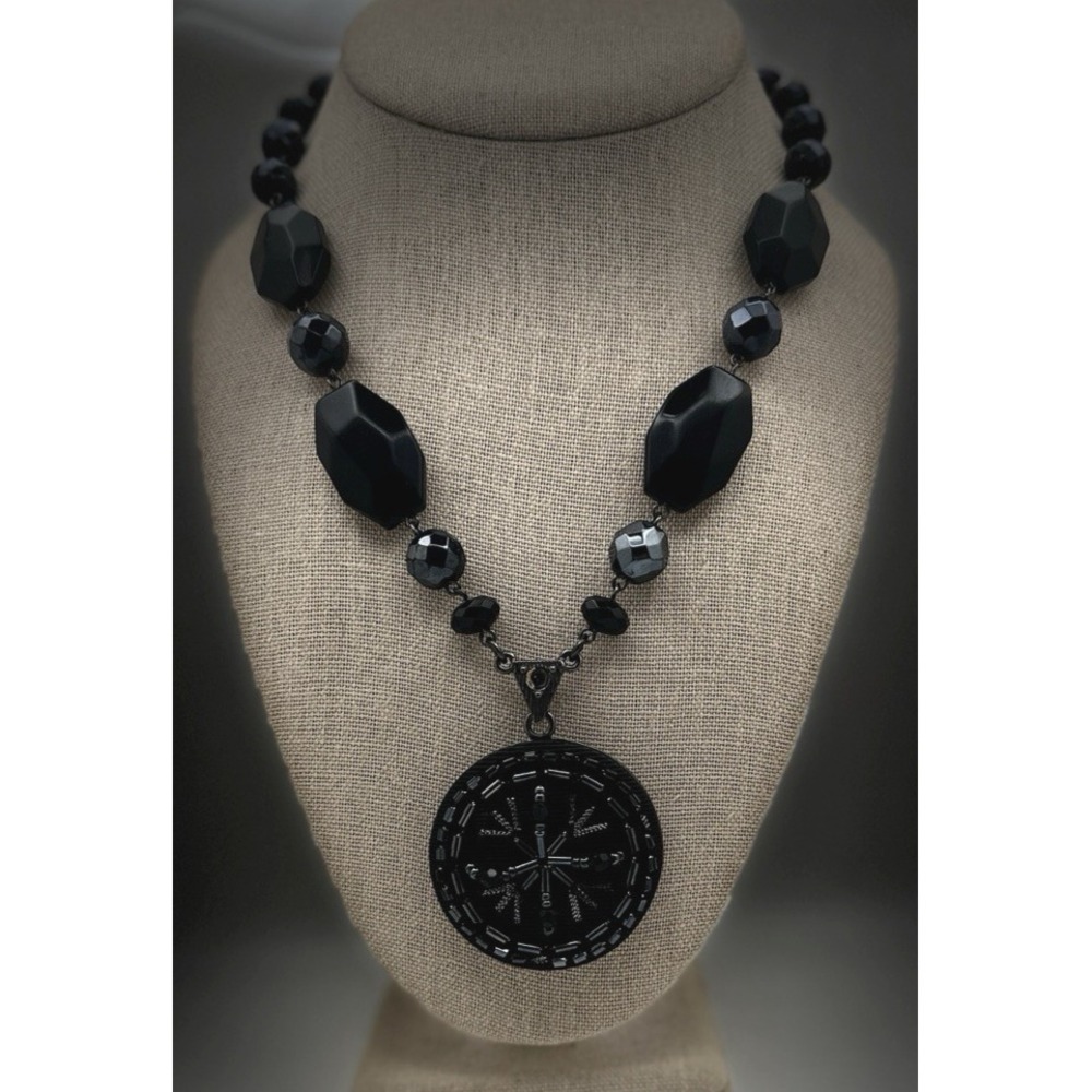 Coldwater Creek Black Statement Necklace Large Pendant Chunky Beaded